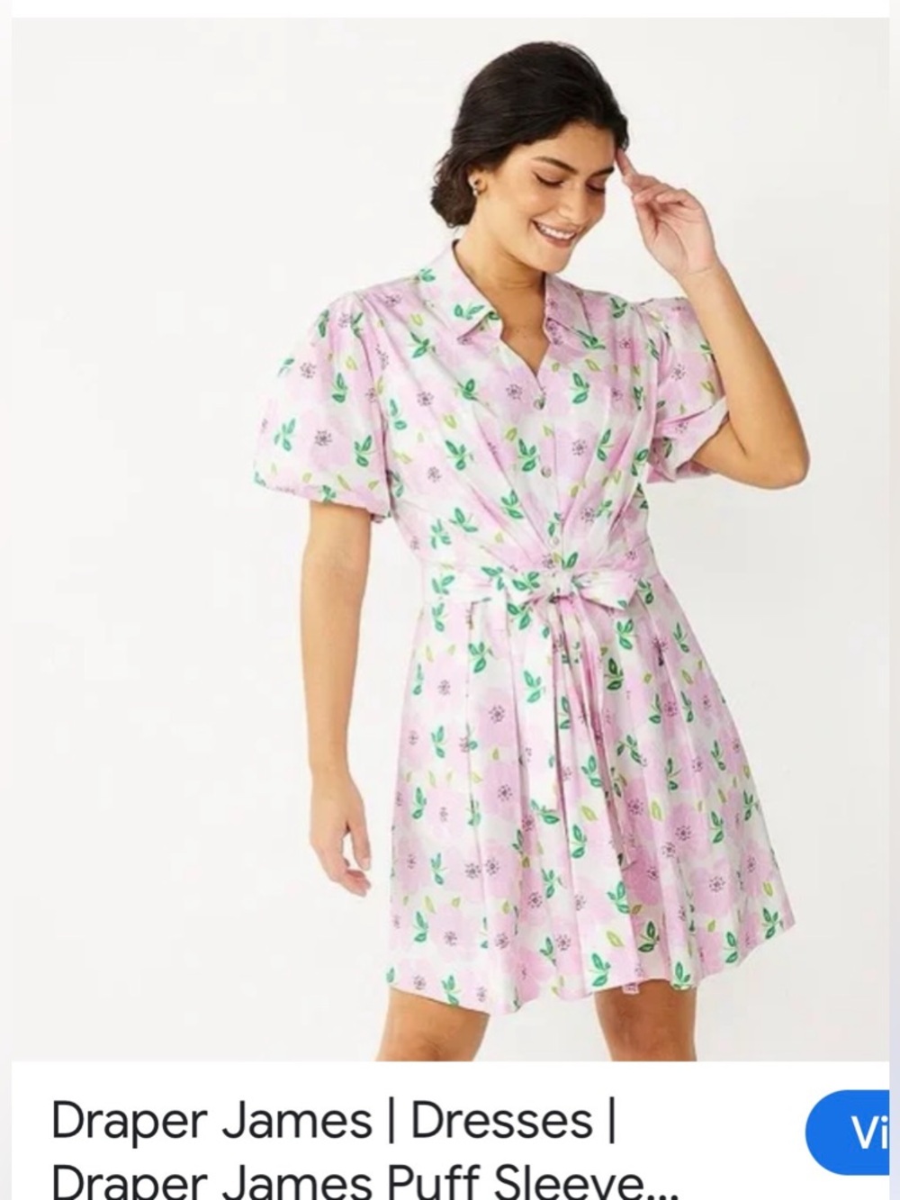 Draper James Pink Floral Tie-Front Puff-Sleeve Dress